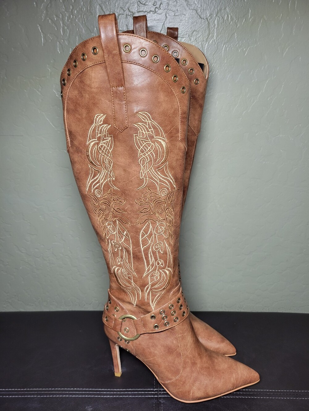 JANSEVEN Brown Embroidered Knee-High Western Stiletto Boots -WM Size 7 - Picture 2 of 16